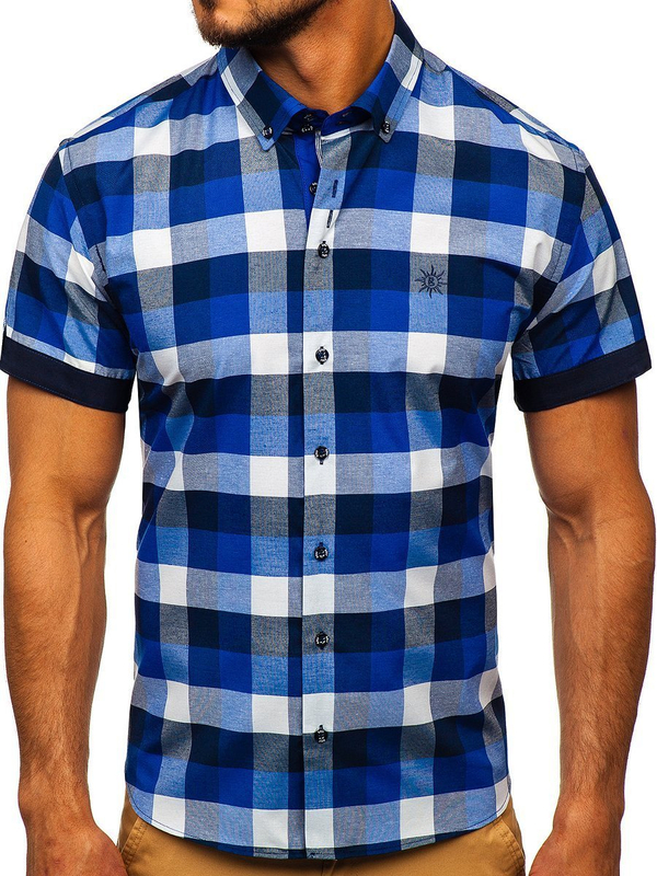 Camicia a quadri a manicha corta da uomo blu Bolf 5532