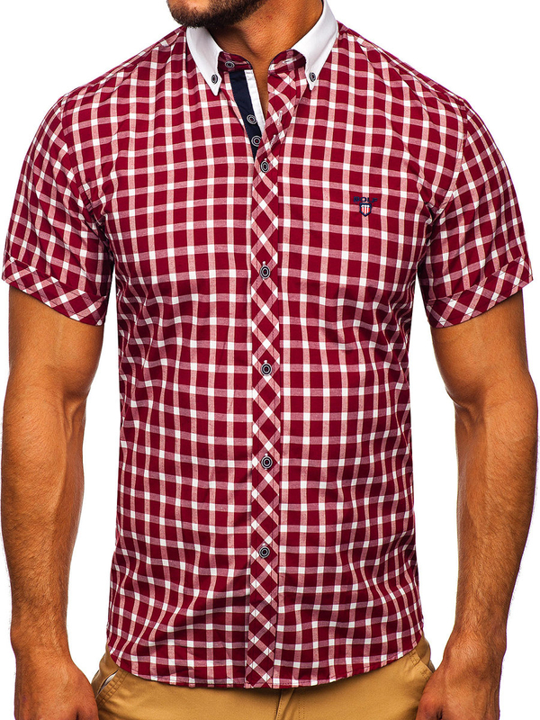 Camicia elegante a quadri a manica corta da uomo bordò Bolf 5531