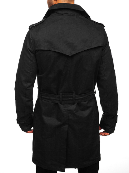Cappotto tipo trench doppiopetto con collo alto e cintura da uomo nero Bolf 5569