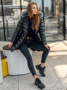 Giubbotto lungo invernale trapuntato con cappuccio da donna nero Bolf 7076