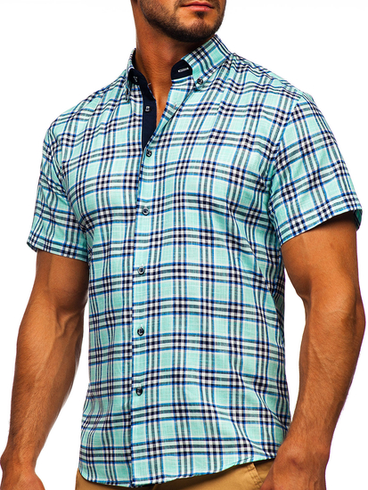 Camicia a manica corta a quadri da uomo verde menta Bolf 201501
