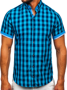 Camicia a scacchi a manica corta da uomo nero-azzurra Bolf 4508