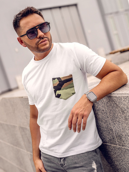 T-shirt in cotone con taschino con stampa mimetica da uomo bianca Bolf 14507A