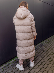 Giacca lunga trapuntata invernale con cappuccio da donna beige Bolf R6702A