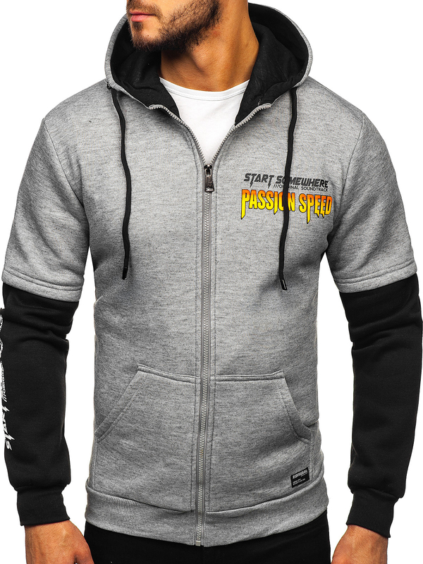 Felpa con cappuccio grigia da uomo con marsupio e stampa Bolf HY611