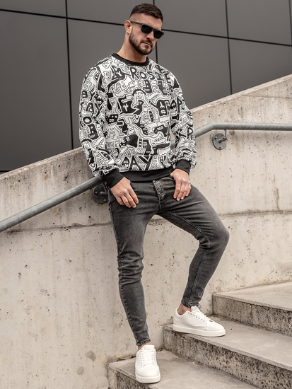 Felpa con stampa senza cappuccio da uomo nero-bianca Bolf 8B1133A