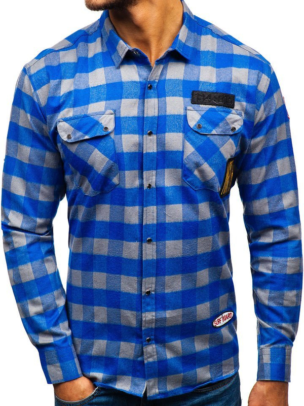 Camicia di flanella a manica lunga da uomo azzurro-grigia Bolf 2503