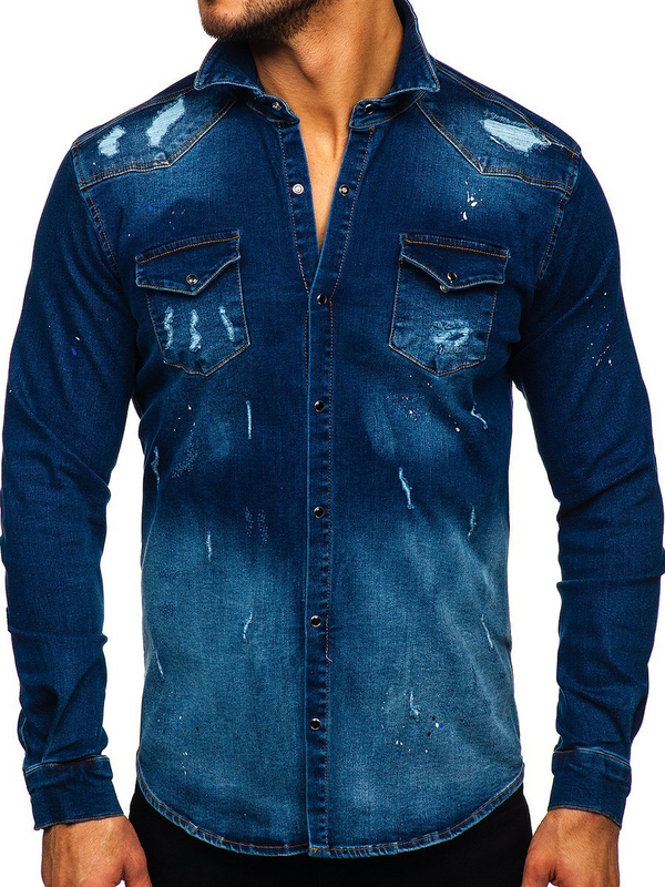 Camicia in denim a manica lunga da uomo blu Bolf R802