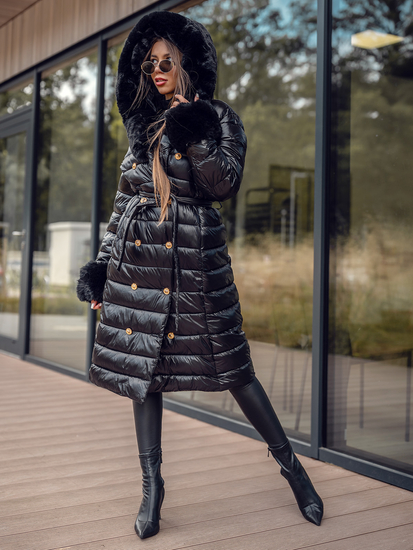 Giubbotto invernale lungo trapuntato cappotto con cappuccio da donna nero Bolf 5M3160