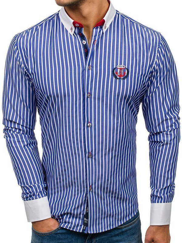 Camicia a righe a manica lunga da uomo azzurra Bolf 1771