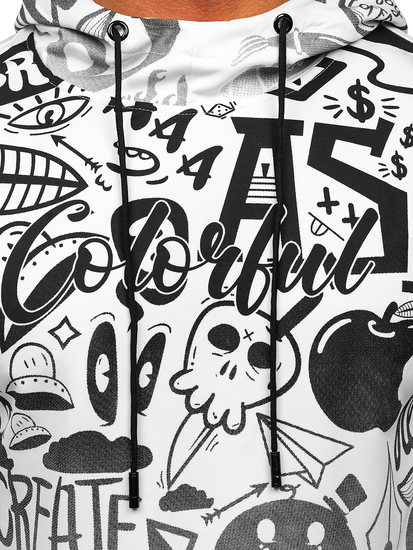 Felpa stampata con tasca a canguro con cappuccio da uomo bianca Bolf 8B995