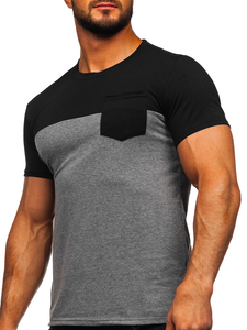 T-shirt senza stampa con taschino da uomo nero-grafite Bolf 8T91