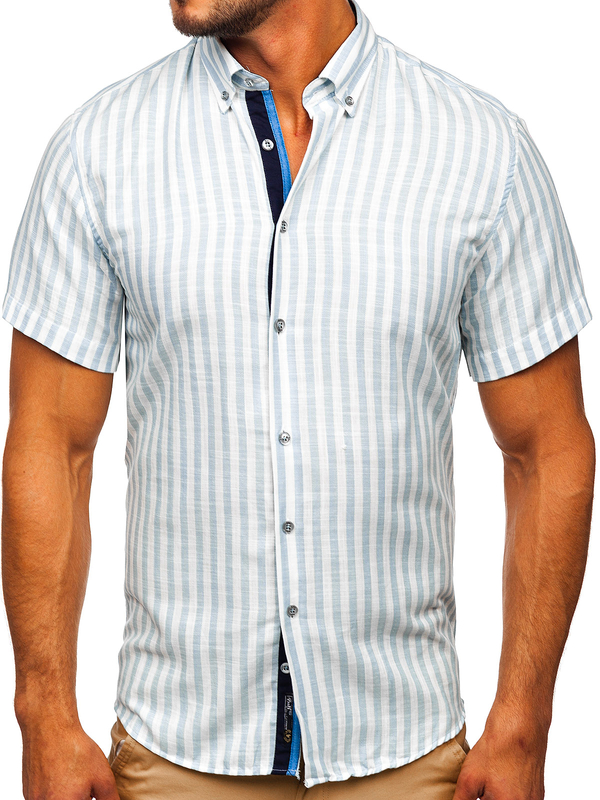 Camicia a righe a minica corta da uomo celeste Bolf 21500