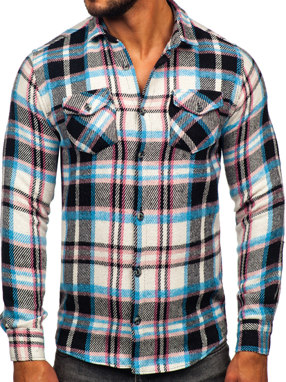 Camicia in flanella a quadri a manica lunga da uomo azzuro-rosa Bolf 22704