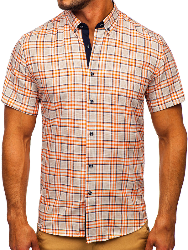Camicia a manica corta a quadri da uomo arancione Bolf 201501