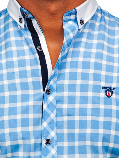 Camicia elegante a quadri a maniche lunghe da uomo celeste Bolf 5737-1