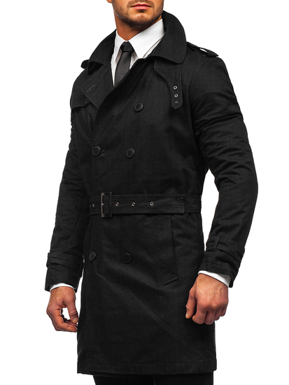 Cappotto tipo trench doppiopetto con collo alto e cintura da uomo nero Bolf 5569
