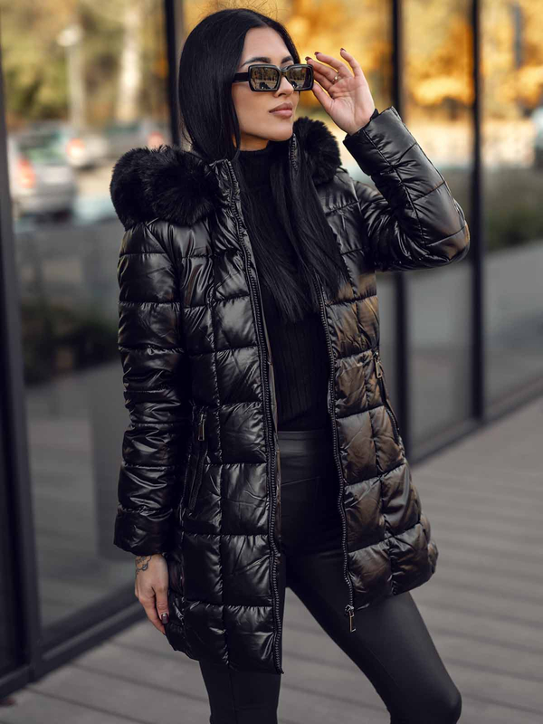 Giubbotto trapuntato lungo cappotto con cappuccio invernale da donna nero Bolf 16M9120A