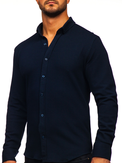 Camicia in lino a maniche lunghe per uomo blu Bolf 506