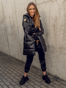 Gilet lungo trapuntato in ecopelle da donna nero Bolf AY756
