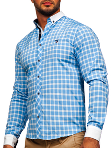 Camicia elegante a quadri a maniche lunghe da uomo celeste Bolf 5737-1