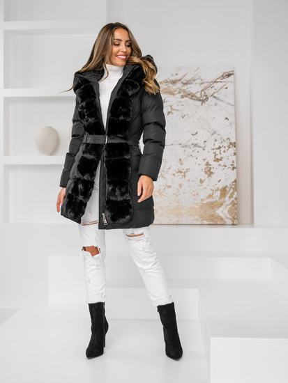Giubbotto lungo trapuntato cappotto invernale con cappuccio da donna nero Bolf 5M3158