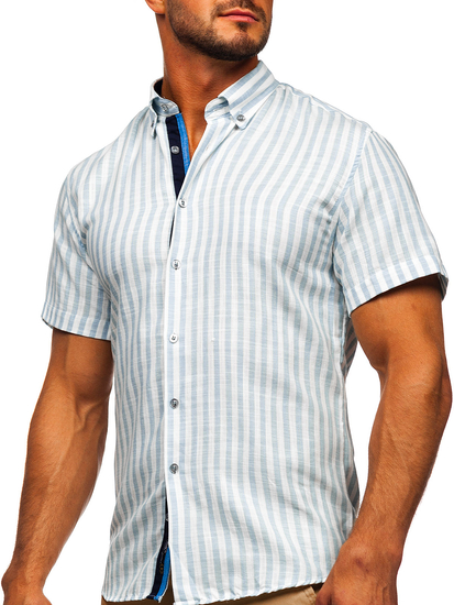 Camicia a righe a minica corta da uomo celeste Bolf 21500