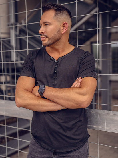 T-shirt da uomo nera in cotone tinta unita con scollo a V Bolf 4049A