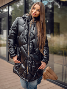 Giubbotto trapuntato lungo cappotto con cappuccio invernale da donna nero Bolf 5M3189