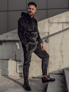 Tuta in velluto con cappuccio da uomo nera Bolf 3A82-A