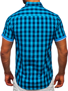Camicia a scacchi a manica corta da uomo nero-azzurra Bolf 4508