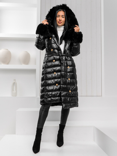 Cappotto lungo invernale trapuntato da donna con cappuccio nero Bolf 5M3160A