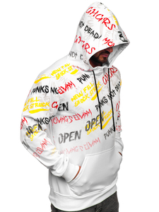 Felpa stampata con tasca a canguro con cappuccio da uomo bianca Bolf 8B997