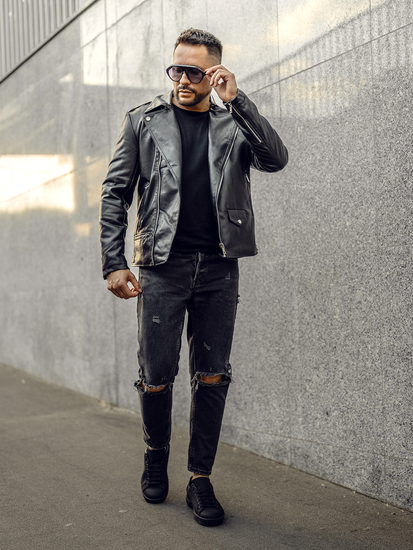 Giacca in pelle tipo chiodo da uomo nera Bolf 11Z8014