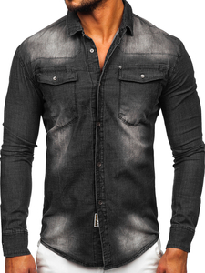 Camicia in jeans a manica lunga da uomo nera Bolf MC703N