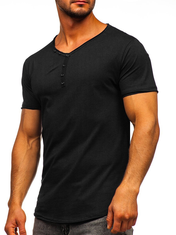 T-shirt da uomo nera in cotone tinta unita con scollo a V Bolf 4049