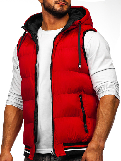 Gilet spesso trapuntato bilaterale con cappuccio da uomo rosso-nero Bolf 7127