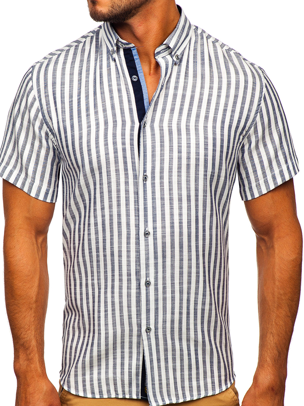 Camicia a righe a minica corta da uomo blu Bolf 21500