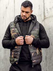 Gilet trapuntato con motivo mimetico e cappuccio da uomo khaki Bolf 7106A