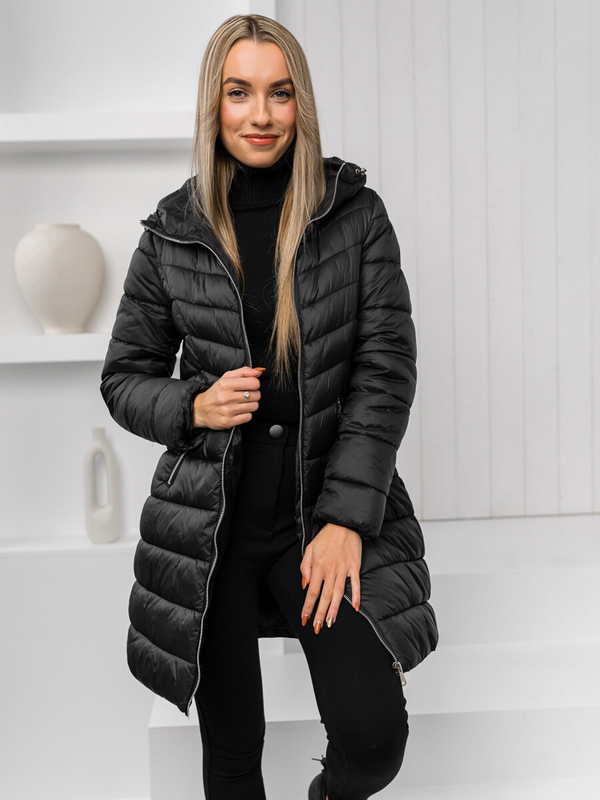Giubbotto trapuntato lungo cappotto con cappuccio invernale da donna nero Bolf 11Z8083