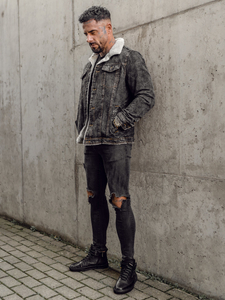 Giacca in denim trucker isolata con colletto in montone da uomo grafite Bolf 1109