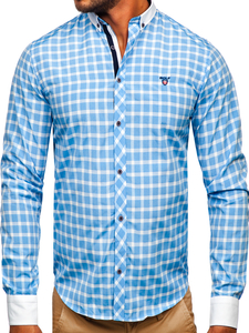 Camicia elegante a quadri a maniche lunghe da uomo celeste Bolf 5737-1