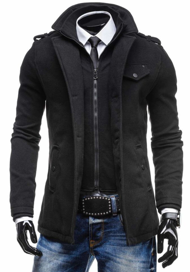 Cappotto monopetto con collo alto da uomo nero Bolf 8853C