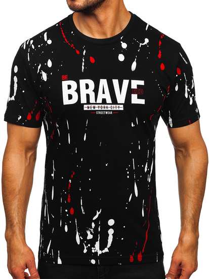 T-shirt in cotone a maniche corte con stampa da uomo nero-rosso Bolf 14727