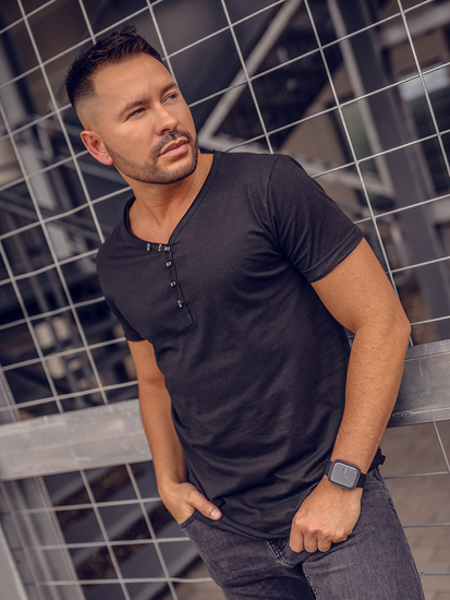 T-shirt da uomo nera in cotone tinta unita con scollo a V Bolf 4049A