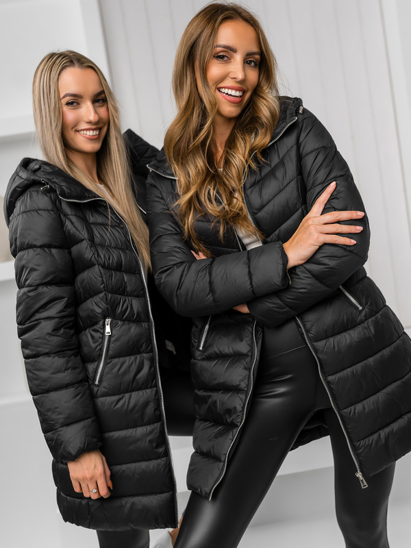 Giubbotto trapuntato lungo cappotto con cappuccio invernale da donna nero Bolf 11Z8083A