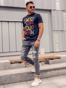 T-shirt da uomo nera con stampa Bolf 1181A