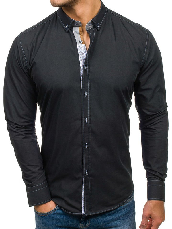 Camicia elegante a manica lunga da uomo nera Bolf 5777