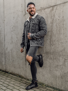 Giacca di jeans trucker isolata con collo di montone da uomo nera Bolf 1160