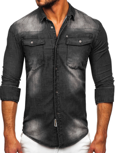 Camicia in jeans a manica lunga da uomo nera Bolf MC703N